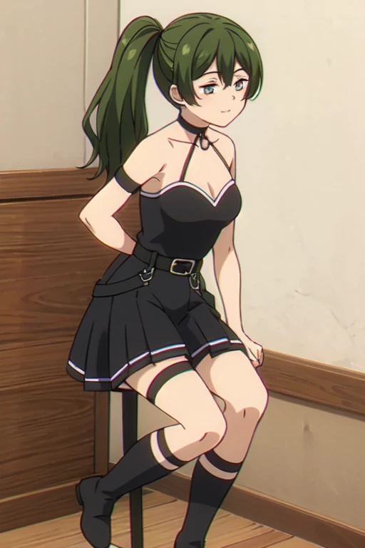 ((Best quality))),((Ultra-detailed)),((illustration)),((Disheveled hair)),((frilld)),(1 girl),(Solo),
1girl, arm strap, armband, bangs, bare shoulders, belt, belt buckle, black dress, black footwear, boots, breasts, buckle, cleavage dress, full body, green hair, grey background, large breasts, leg belt, long hair, looking at viewer,Right side ponytail,