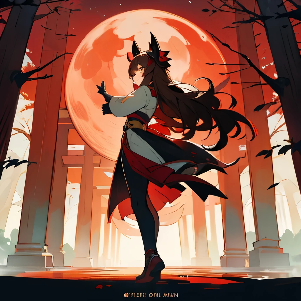 kawaii, anime, Cute, hyper quality, highly detailed, 16k, Front facing, Clarity, full body, smile, Inciting point of view, one girl, long brown hair, green eyes, yukata, wear a fox mask on your head, red torii, A row of torii gates, creepy laughter, worship path, cloudless dusk, Red Moon, crows dance, The black feathers of the crow are dancing, Shining big tree, Fantastic, evening, one fox, white plum blossoms around, The wind is blowing, turn half your body, red sky without clouds, ominous, white fox mask, wear a fox mask on your head, lined with trees, Crow wings grow on the girl's back, row of tall trees, light dances, Richly colored fog, white kiwi flower,