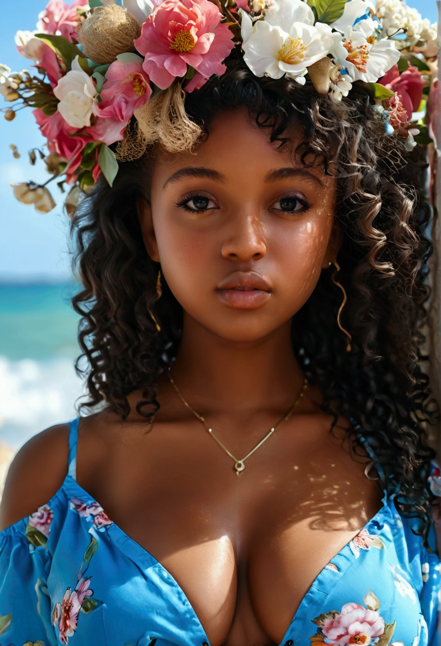 Ultra-realistic, 4K, Professional photos, 22-year-old girl, Black girl, ((huge breasts)), ((huge pregnant)), big curly hair, High resolution, Detailed face, Medium bodied, Floral skirt, (Open blue shirt), masterpiece, (Lighting), (1 solo), Beach Background, Realistic Background, Realistic photos