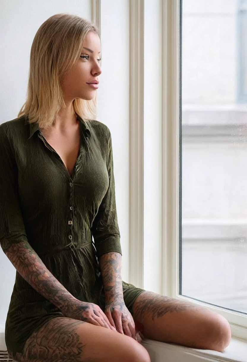 A girl with long blonde hair is sitting on the edge of a bed her right leg is resting on a window ledge and her left leg is on the floor.