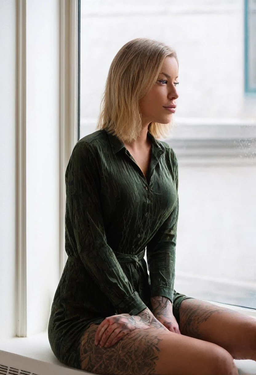 A girl with long blonde hair is sitting on the edge of a bed her right leg is resting on a window ledge and her left leg is on the floor.