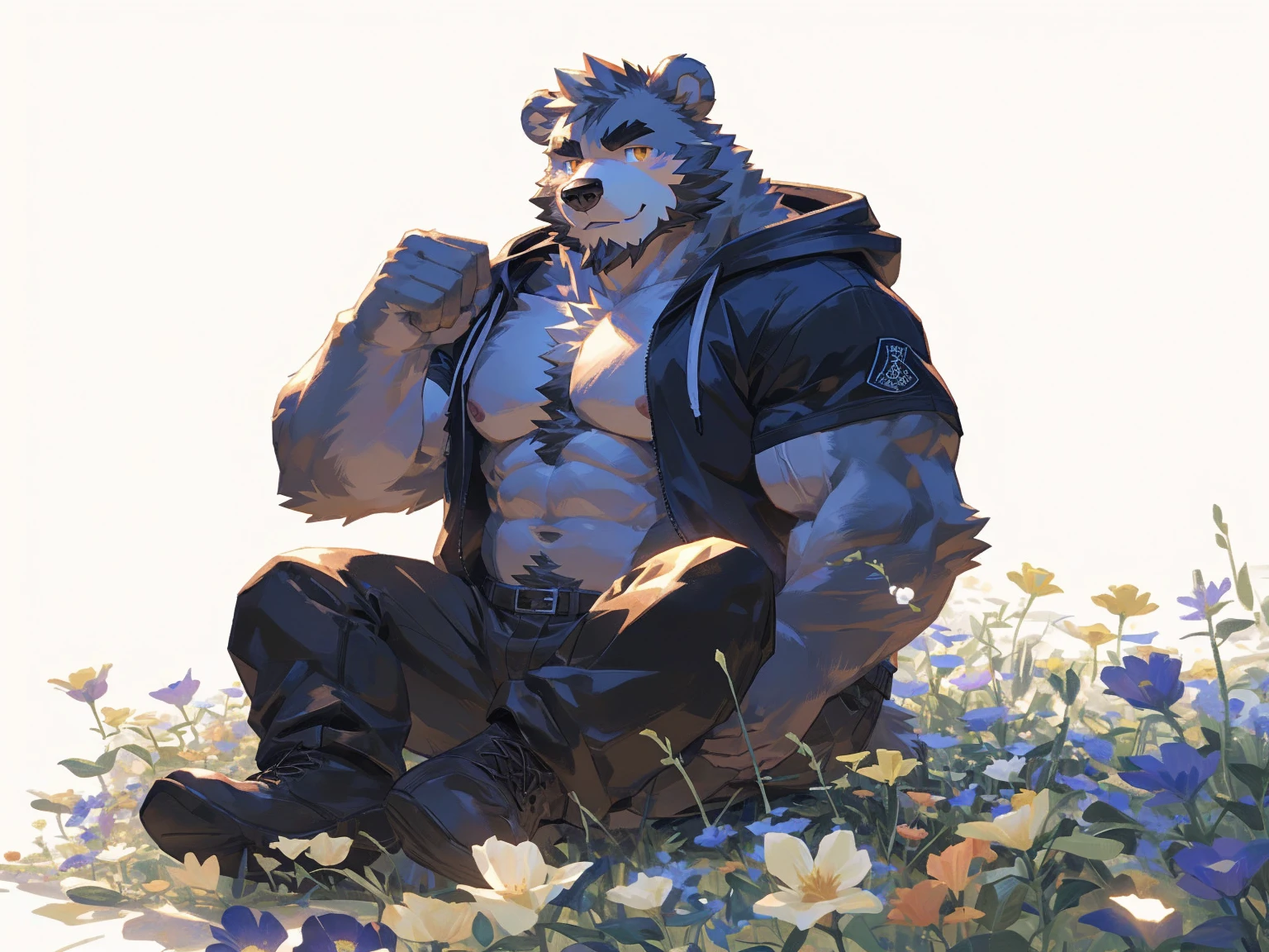 (masterpiece:1.2), best quality,pixiv,official art,perfect anatomy, (Ray tracing, light),solo, (1_male:1.3) , (muscle), (grey fur:1.4), (muscle bear), (beard:1.2), (gleaming golden eyes), bear tail, Thick black eyebrows, (open hoodie :1.3) , (naked inside:1.2), cargo pants,boots, portrait , (white background:1.3) , (flowers around:1.3)