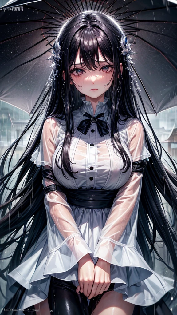 HD detailed, Wet Watermark, Hyper Detail, Long black hair,Big Breasts,rain,White blouse,Cold look,Don&#39;t use an umbrella,