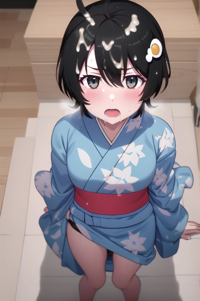 One Girl, alone, Watching,
araragitsukihi, hair ornaments,short hair, Ahoge, Unpack the box,An open-front kimono,Full view of breasts,Blue kimono, egg hair ornaments, Parted bangs,,Panties in full view,Sweat,Open the slit,anger,blush, Open your mouth,((Covered in semen))
