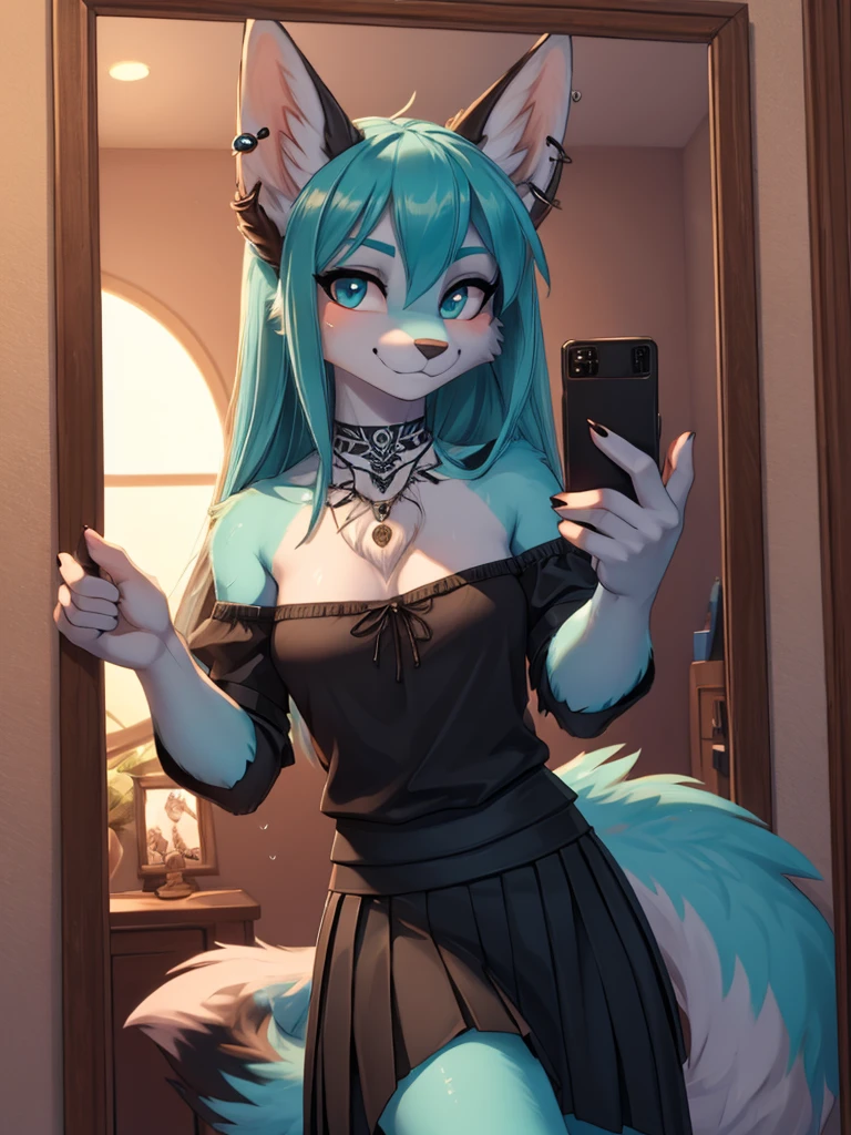 Miku Hatsune, add high definition_detail:1, blue fur,kitsune ears, tribal tattoo add_detail:1, She takes a selfie in front of the mirror in a room during the full moon showing off her beautiful figure and her full body bondage harness., sweaty body add_details:1, smiling add_detailsl:1, ear piercing add_detail:1