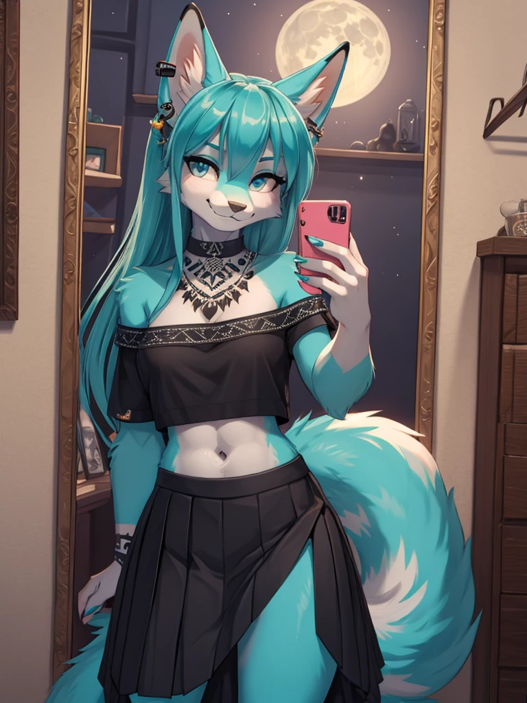 Miku Hatsune, add high definition_detail:1, blue fur,kitsune ears, tribal tattoo add_detail:1, She takes a selfie in front of the mirror in a room during a full moon showing off her beautiful figure and her outfit. (black blouse bare shoulders, long skirt with pleats)sweaty body add_details:1, smiling add_detailsl:1, ear piercing add_detail:1