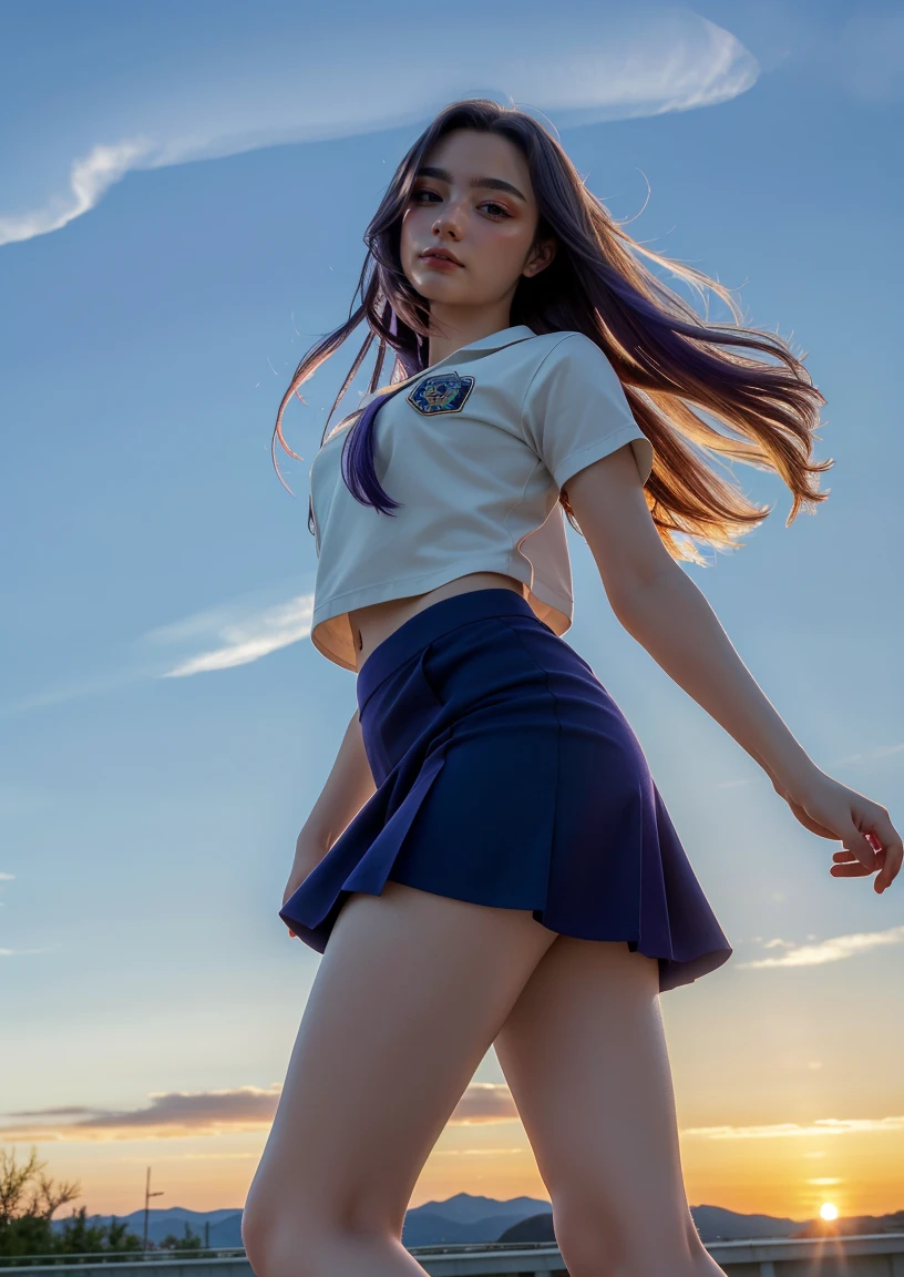 (1 lady), The beautiful, (Best quality at best:1.4), (ultra - detailed), (extremely detailed CG unified 16k), ((masterpiece)), ((best quality)), ((highres)), ((detailed background)), solo, gym woman body, natural lighting, sunset, (ichinose kotomi, amazingly attractive, perfect body), clannad uniform, blue skirt, black socks, hair ornaments, RAW UHD 8k photography, tarankaaa, not Dasha Taran, 1girl blueish purple hair, library background, hyper realistic, realistic cinematic face, head to feet long wide zoomed out view, full body long view, photorealistic, gorgeous, extremely beautiful face, perfect model beauty, (amazing legs, strong legs, athletic legs), combat boots, clear and well-cared skin