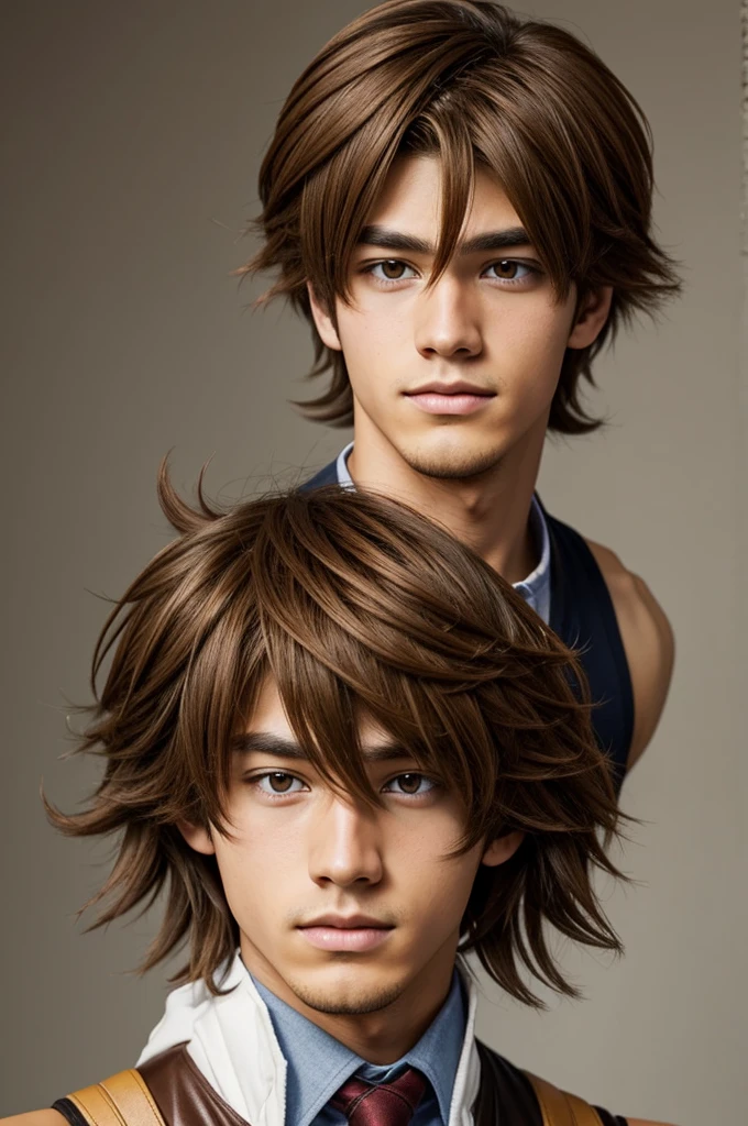 A boy with messy, shoulder-length caramel brown hair, Boku no hero style