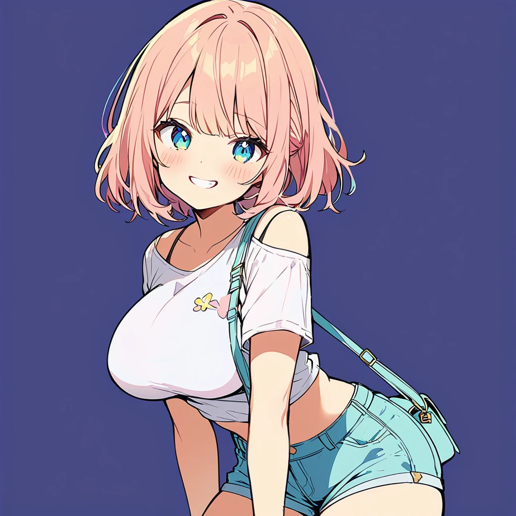 , ((High resolution)),masterpiece, high quality, 最high quality, beautiful, Perfect lighting, Detailed face, Very cute face, ((1 girl)), (Loli), Short pink hair, Orange Eyes, Embarrassed look, ((blush)), Looking at the audience, ((Wavy Hair))、Ahoge、:o、Hands on hips, Standing in the city, Daytime, (Tight clothing), (Chubby), (Thigh height), (Wide Hips), ((Thick thighs))、Light blue striped bikini、Small breasts,Cleavage