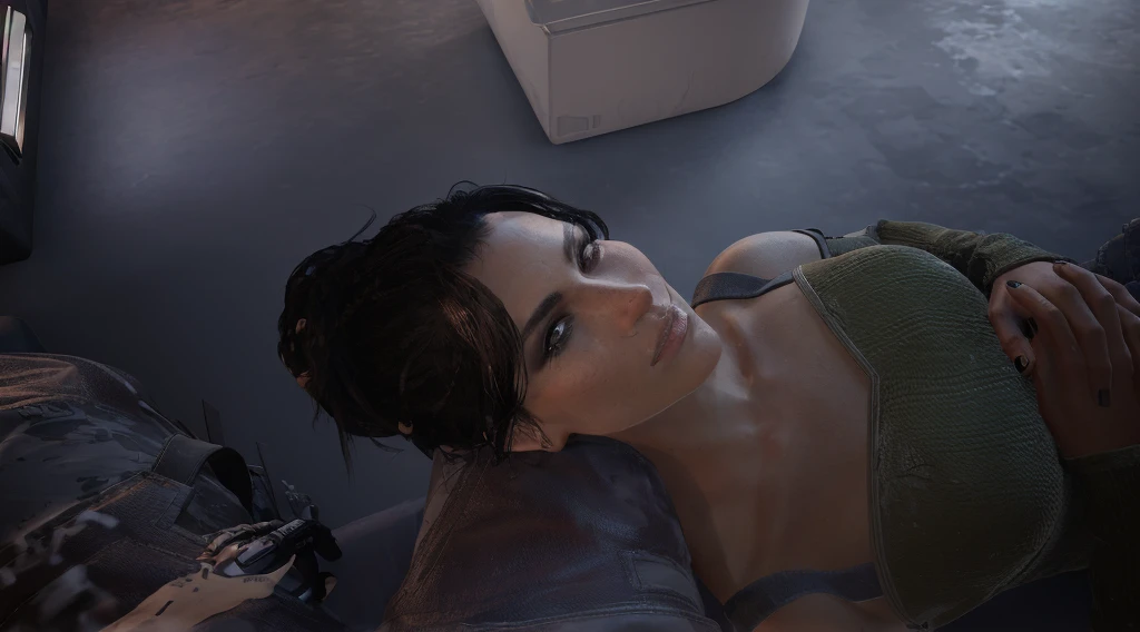 there is a woman laying on a bed with a camera, lara croft relaxing, resting after a hard mission, pouty look :: octane render, realistic soft lighting, unreal engine render + a goddess, highly detailed soft lighting, female lead character, cinematic soft lighting, makeup. unreal engine, unreal 4 screenshot, resting after a hard fight, chell from portal