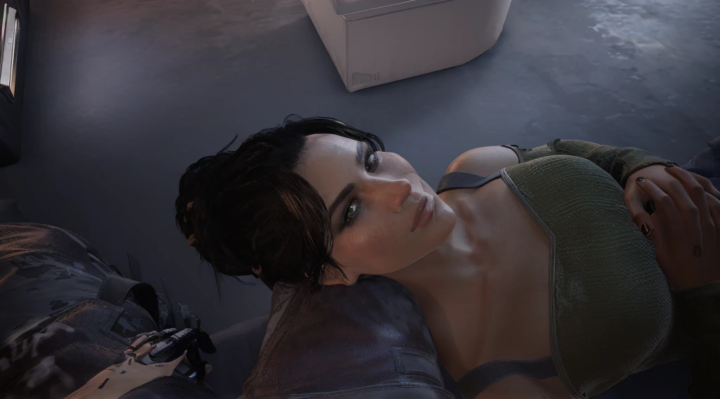 there is a woman laying on a bed with a camera, lara croft relaxing, resting after a hard mission, pouty look :: octane render, realistic soft lighting, unreal engine render + a goddess, highly detailed soft lighting, female lead character, cinematic soft lighting, makeup. unreal engine, unreal 4 screenshot, resting after a hard fight, chell from portal