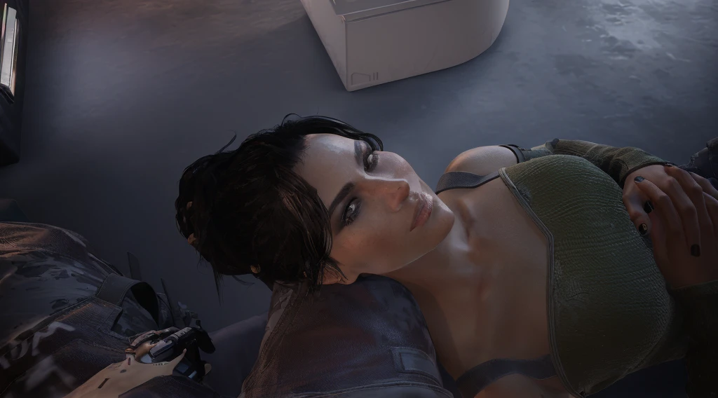 there is a woman laying on a bed with a camera, lara croft relaxing, resting after a hard mission, pouty look :: octane render, realistic soft lighting, unreal engine render + a goddess, highly detailed soft lighting, female lead character, cinematic soft lighting, makeup. unreal engine, unreal 4 screenshot, resting after a hard fight, chell from portal