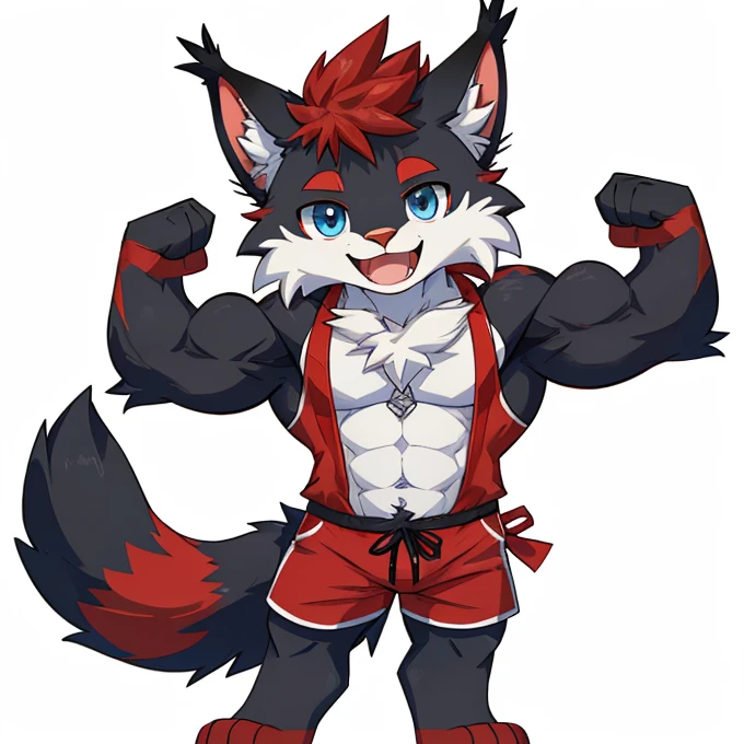 (Furry lynx cat)​, (chibi), (black fur), (summer shorts outfit)​, cute, (blue eyes), (red chest fluff), (red eyebrows), (black tail with red tip), (red whiskers), happy, smlie, correct Anatomy, correct hand, ((white background))​, (Acting happy), (hands up)​, enjoy, ((front view)), full body, (sexy), (flexing), (muscle)