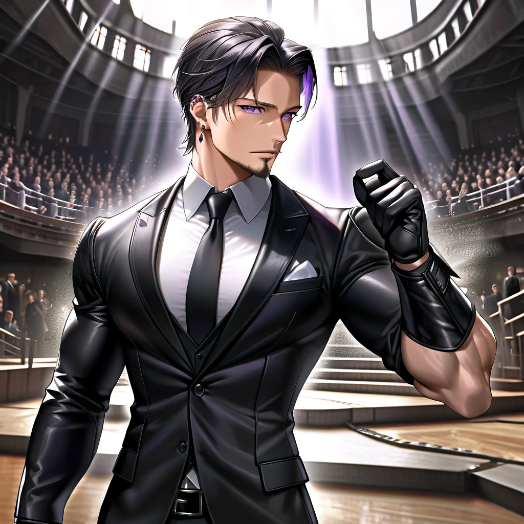 1 elegant muscular man, handsome facial features, strong jawline, piercing violet eyes, shaved black hair and beard, athletic well-trained body, formal suit, leather gloves, actor Brad Pitt inspired look, heroic and just demeanor, (best quality,8k,ultra-detailed,photorealistic,HDR,dramatic lighting,cinematic composition)