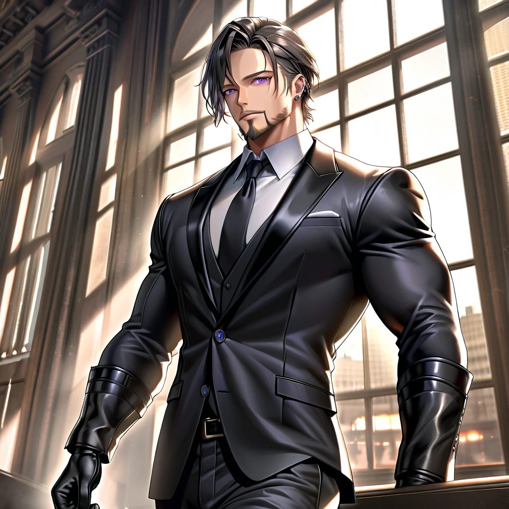 1 elegant muscular man, handsome facial features, strong jawline, piercing violet eyes, shaved black hair and beard, athletic well-trained body, formal suit, leather gloves, actor Brad Pitt inspired look, heroic and just demeanor, (best quality,8k,ultra-detailed,photorealistic,HDR,dramatic lighting,cinematic composition)
