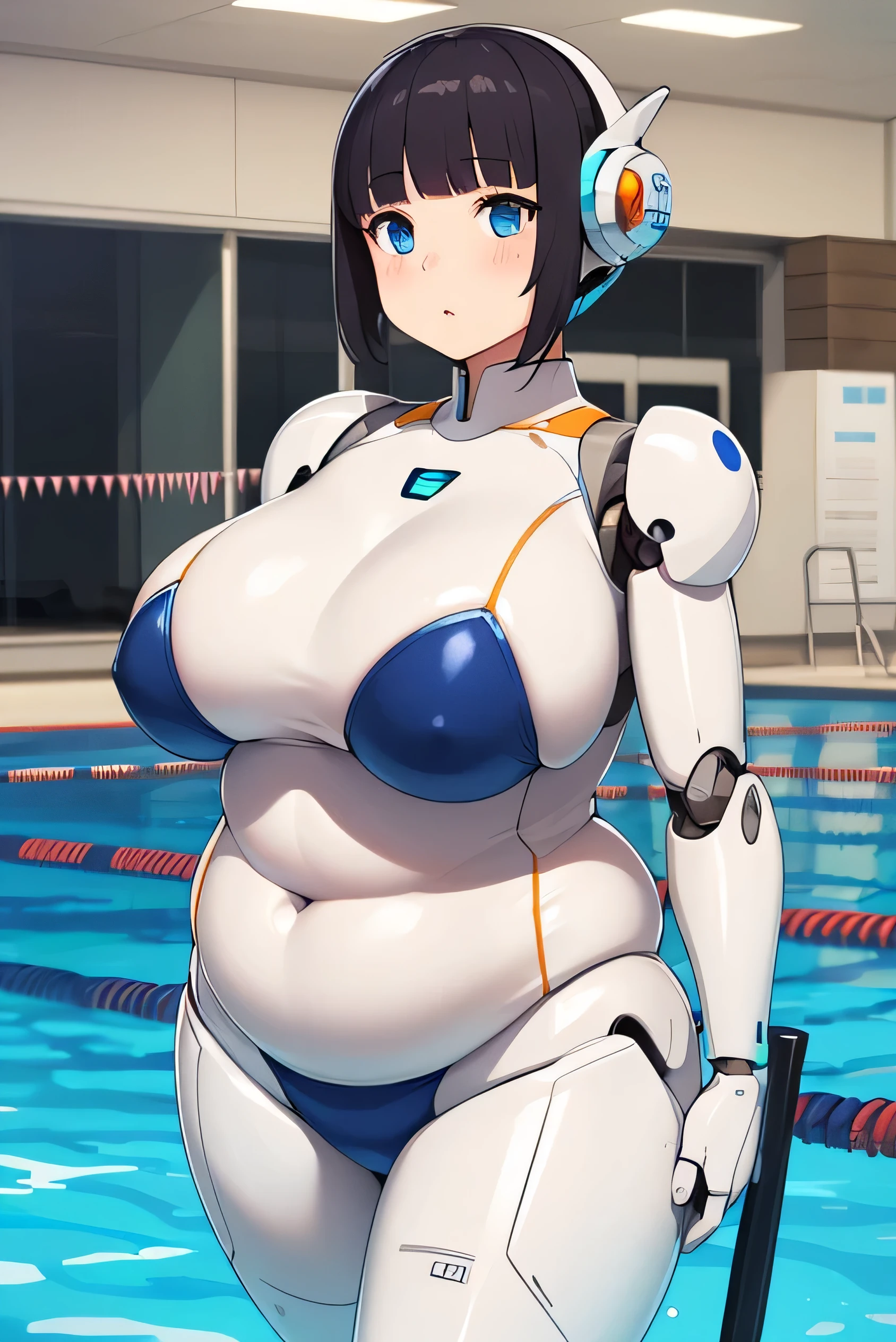 masterpiece, best quality, extremely detailed, Japanese android girl,Plump ,control panels,robot arms,robot,android,cyborg,white robot body,ceramic body,perfect robotgirl,blunt bangs,swim suit,swimmer,blue eyes