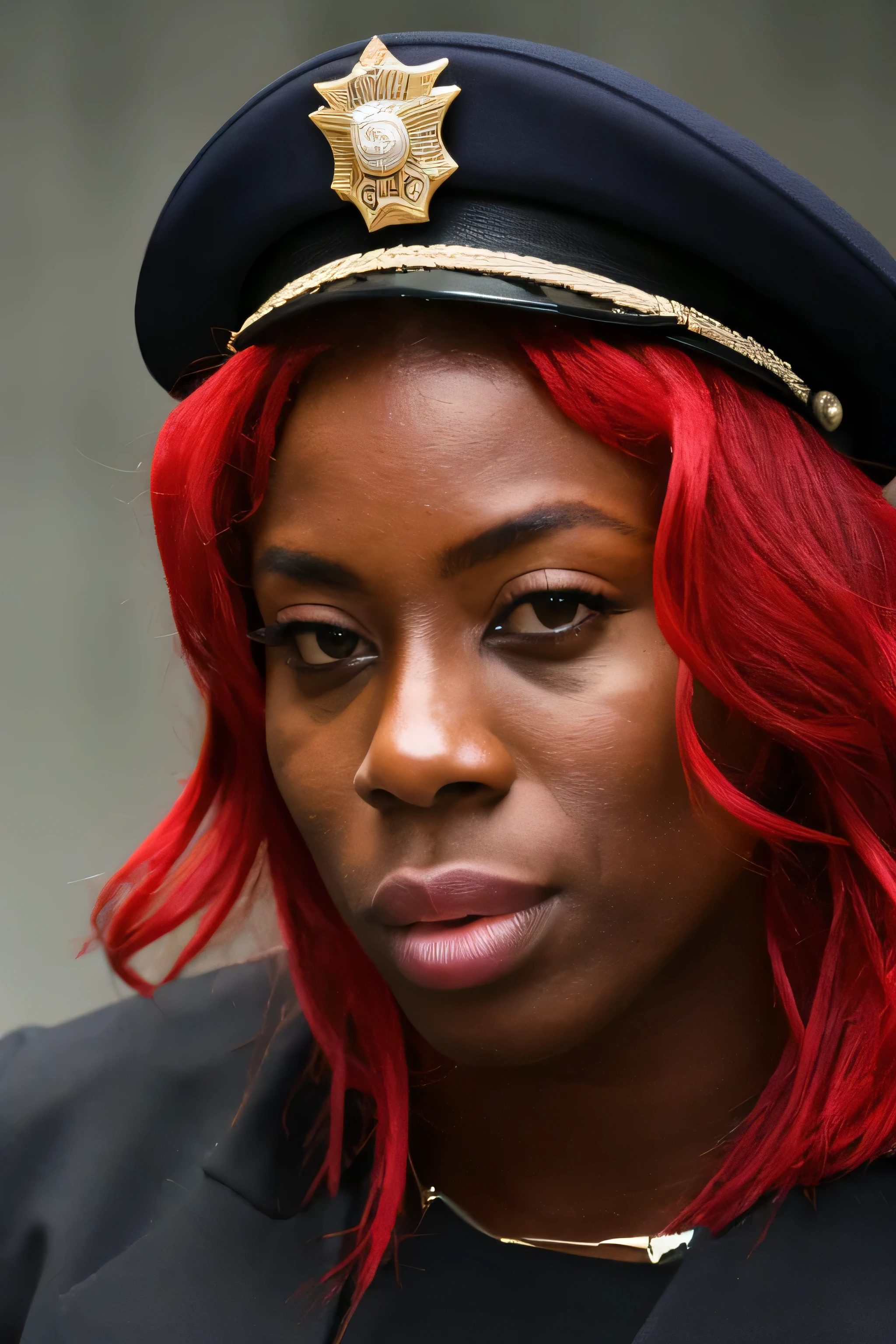 "a one woman, police cap, darkskin, He would be, Red hair, hall, beautiful background,