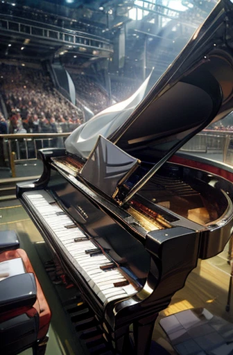 anime style, super fine illustration, highly detailed, dynamic angle, beautiful detailed, 8k, In the summer, during the daytime, in a semi-circular theater in the forest, BREAK an anthropomorphic robot sits on a chair, playing the piano. The robot's eyes are completely opened, and it has an expression of being immersed in the music. BREAK Anthropomorphic robots are present as the audience. BREAK Musical notes overflow from the piano.MECA,droid,Robot,pov,MECA pianist, helmet with アンテナ,fantasy,artistic