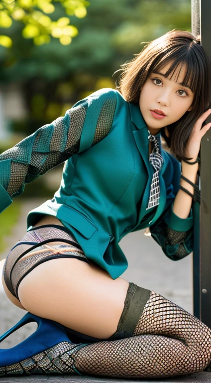 (((Bondage Suit:1.35)))、(((Black fishnet stockings:1.35)))、(((Panties:1.35)))、(((High heels:1.35)))、(masterpiece)、(Best image quality、Ultra-high resolution)、(One Girl、alone)、(Azur Lane Nagara)、(Outdoor)、(Look directly at the viewer)、 (uniform:Navy jumper with white collar and cuffs)、(Fine texture:Button-up blouse、Knee-length pleated skirt、tie)、(uniformを際立たせる折り紙モチーフ)、 (Her wavy chestnut hair cascades down her back.)、(Her expressive green eyes look a little larger in surprise..)、(Expressive curves accentuated by the costume)、 (Dynamic Lighting、Casts a mottled shadow on the leaves