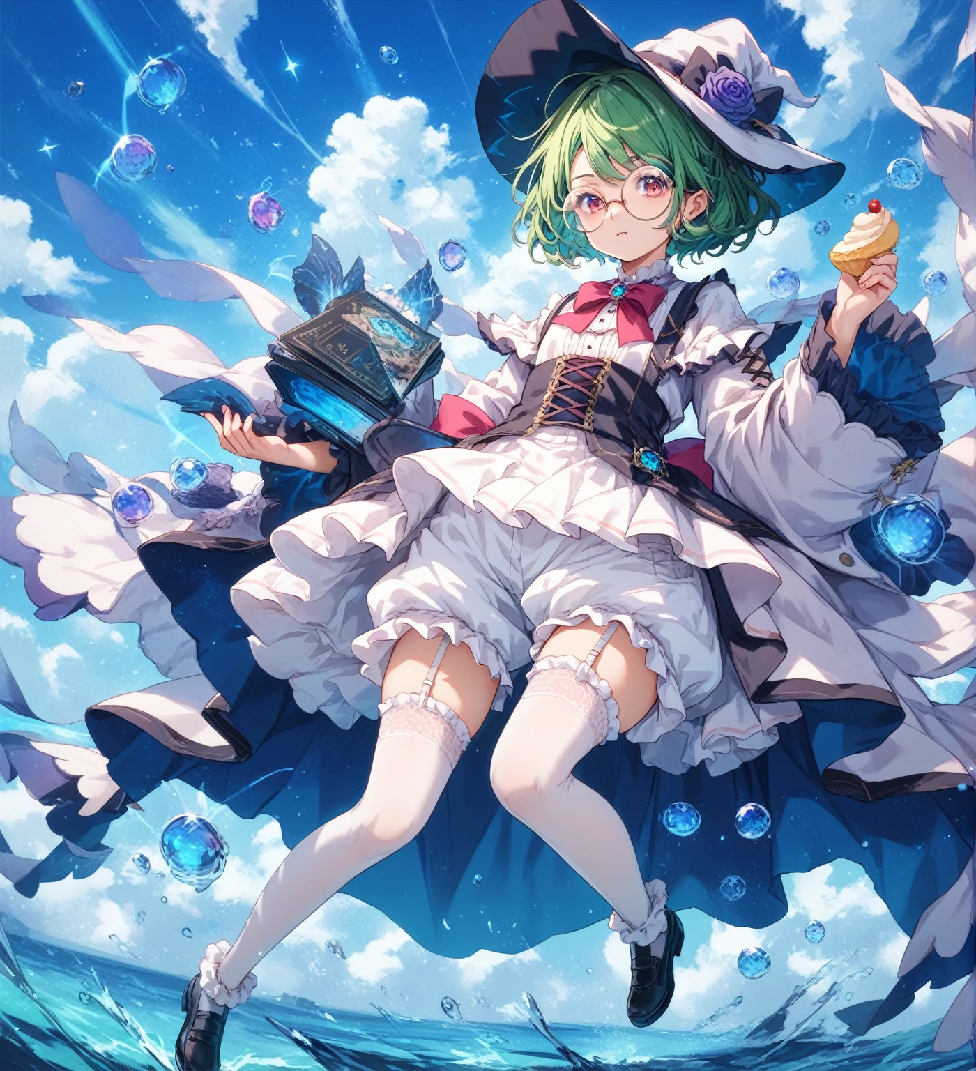 A large witch's hat with a wide frill and a purple rose decoration, a robe with the Duke's coat of arms on the sleeve, a cream-colored blouse, a winered ribbon tie, a high-waisted garter skirt, bloomers,garter stockings, and pumps. Curly short cut, green hair, large round glasses (Zero gravity,Weightless, floating in the air holding my knees)