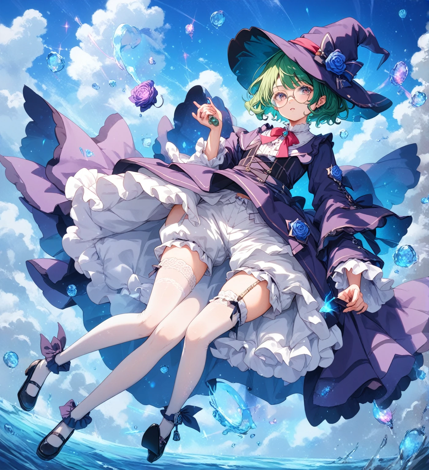 A large witch's hat with a wide frill and a purple rose decoration, a robe with the Duke's coat of arms on the sleeve, a cream-colored blouse, a winered ribbon tie, a high-waisted garter skirt, bloomers,garter stockings, and pumps. Curly short cut, green hair, large round glasses (Zero gravity,Weightless, floating in the air holding my knees)