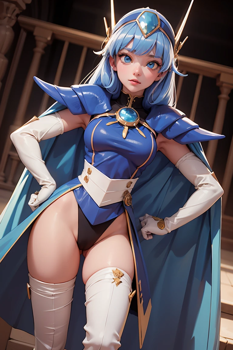 fancy,1girl Umi Ryuuzaki Headgear with Hair Band, blue armor shoulder armor blue cape elbow gloves leotard white socks,camel toe,work of art,noise reduction,Perfect Anatomia,high resolution, ultra detali,CG game,dutch angle ,beautiful detailed eyes,visual artwork,five toes, perfect hands, perfect lighting, nsfw, (.POSE SEXY E SENSUAL)