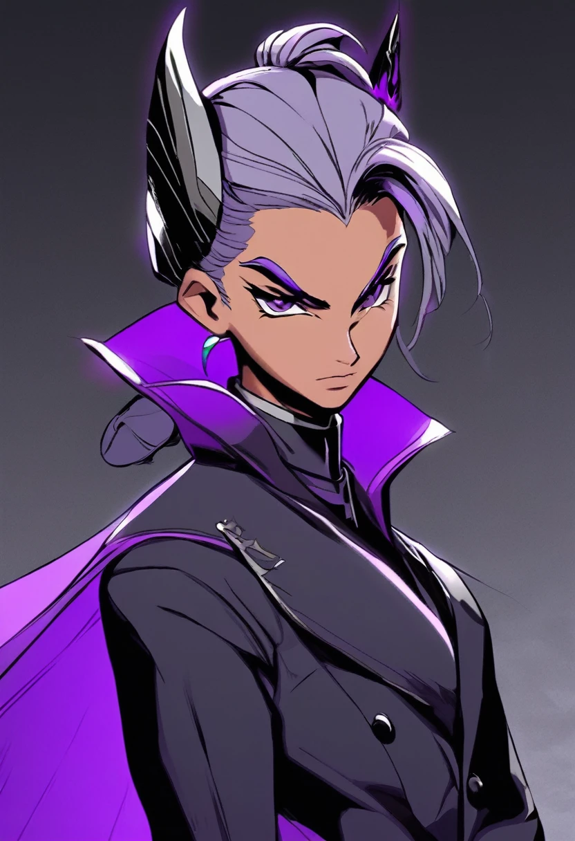 30 year old male villain character, rough face, serious, with a slight smile on his face, dim eyes, shading in eyes and dark circles, silver hair with a ponytail and a hair clip that covers the right half of her face. Wear a villain suit, with cape. He wears some ornament on his head.. pointy ears. Wears a headband on his chest. The suit is mainly dark purple.