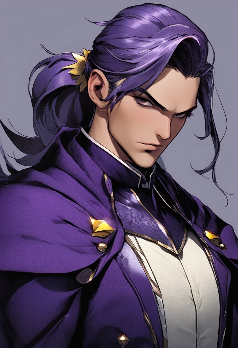 30 year old male villain character, rough face, serious, with a slight smile on his face, dim eyes, shading in eyes and dark circles, silver hair with a ponytail and a hair clip that covers the right half of her face. Wear a villain suit, with cape. He wears some ornament on his head.. pointy ears. Wears a headband on his chest. The suit is mainly dark purple.