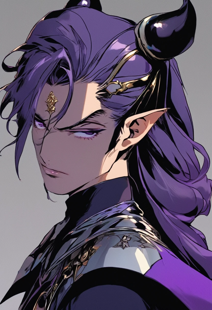 30 year old male villain character, rough face, serious, with a slight smile on his face, dim eyes, shading in eyes and dark circles, silver hair with a ponytail and a hair clip that covers the right half of her face. Wear a villain suit, with cape. He wears some ornament on his head.. pointy ears. Wears a headband on his chest. The suit is mainly dark purple.