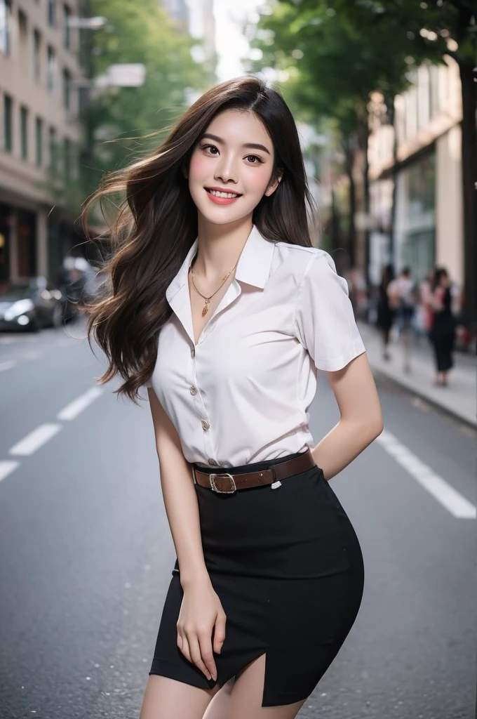 Masterpiece, best quality, 8K, photorealistic, anatomically correct, depth of field, Young Thai woman, 21 years old, My hair is long and wavy., golden brown hair, Small eyes , Sparkling eyes, Long eyelashes, plump lips, cheekbone, upturned nose, Protruding chin, Smooth and soft skin, Long, slender neck, necklace, The figure is very thin., Dark eyebrows, Blush red cheeks, Eyes on the camera, Smiling slightly, showing rabbit teeth, small breasts, white short sleeve shirt, collar shirt, women belt, black short pencil skirt, very short, side slit, Long, slender legs, Wear high heels, full body, Standing in the middle of a busy street with people in university