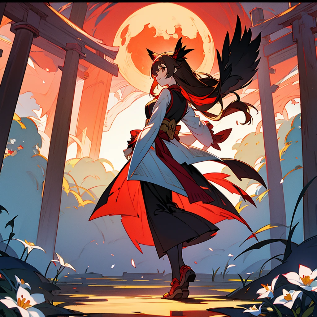 kawaii, anime, Cute, hyper quality, highly detailed, 16k, Front facing, Clarity, full body, smile, Inciting point of view, one girl, long brown hair, green eyes, yukata, wear a fox mask on your head, red torii, A row of torii gates, creepy laughter, worship path, cloudless dusk, Red Moon, crows dance, The black feathers of the crow are dancing, Shining big tree, Fantastic, evening, one fox, white plum blossoms around, The wind is blowing, turn half your body, red sky without clouds, ominous, white fox mask, wear a fox mask on your head, lined with trees, Crow wings grow on the girl's back, row of tall trees, light dances, Richly colored fog, white kiwi flower,
