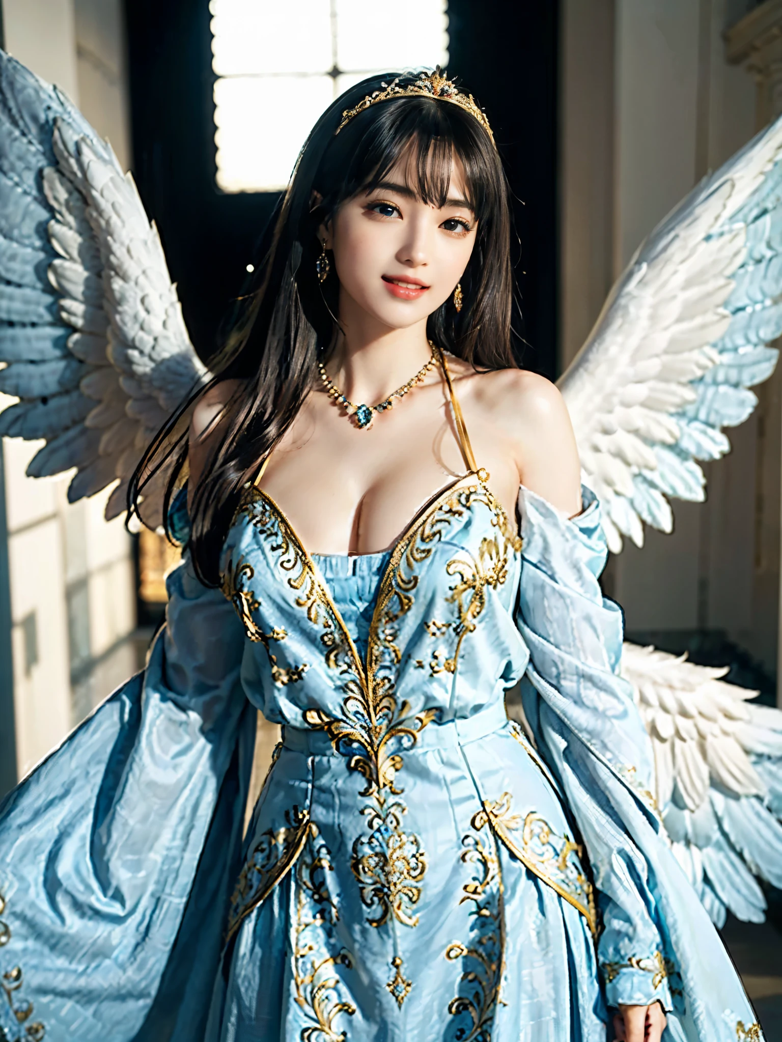 ((Very beautiful angel queen,The final form as a perfect angel, the masterpiece of an angel,Huge and intricate angel wings,The most dignified wings,Golden light,shining background,The most opulent and holy temple background,White and gold temple background,King of Angels, The most dignified angel, ((extremely detailed beautiful dresses)), (Intricate and solemn dresses, Light blue and gold embellishment dress on white, Light blue and gold dress on white base), (The most intricate and beautiful dresses, dresses decorated with some expensive jewels), ((extremely detailed gorgeous jeweled necklace)), Complex and majestic angel figure, The most intricately depicted figure of an angel, The World's Most Beautiful, Unimaginable beauties, (slim figure, attractive body shape, divine atmosphere), (smooth thin hair very fluttering in the wind, shiny hair), Intricate reproduction of the perfect angelic detail, The figure of an unimaginably gorgeous angel, The figure of an unimaginably huge angel)),((Most beautiful face, Half Japan and half Spanish, The biggest happy smile, The most luxurious and intricate dresses, The biggest smile looking at the camera)), Beautiful firm cleavage, beautiful clavicle, (Beautiful firm medium breasts), (Elegant standing figure, Fold your hands in front of your navel,)),Chest that seems to burst, Giant wings of angels, The background is the appearance of a perfect angel castle,Masterpiece,8K,very intricate, ultra detailliart, captivating and visually stunning piece of fractal art featuring, created by a renowned artist, vibrant colors. Formal artistic quality with strong aesthetic appeal.