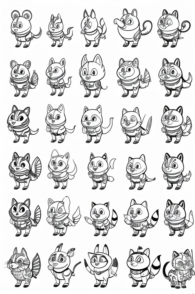 Generate a list of cartoon animal characters with detailed backgrounds, all in line art style with no color.