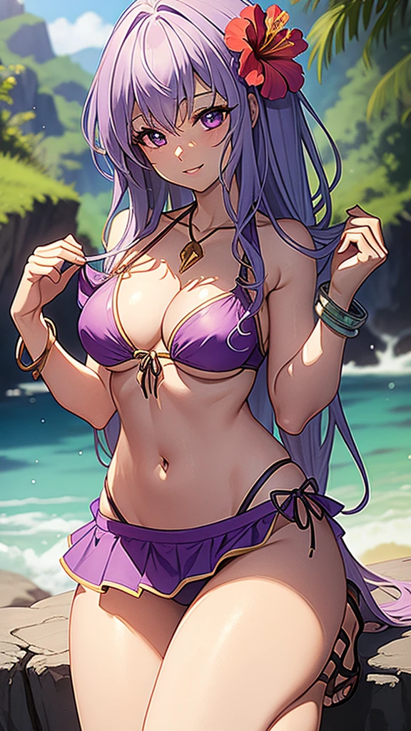 masterpiece, best quality, 1 solo girl, light purple hair, light purple eyes, long hair, medium breasts, sexy body and face, wavy hair, smile, parted lips, bikini, red bikini skirt, navel, sandals, cleavage, collarbone, bare shoulders, jewelry, bracelet, blue scarf, ribbon, hibiscus, frills, sleeveless, hair flower, toeless footwear, outdoors, summer, sexy pose, cowboy shots, detailed body, face, and eyes, sharp focus, vibrant, creative, dynamic, high definition, high resolution, 8k, (Upscale: R-ESRGAN 4x+ Anime6mage enchance:4x), voluptuous body, cinema lightning, dakimakura style, looking at the viewer,