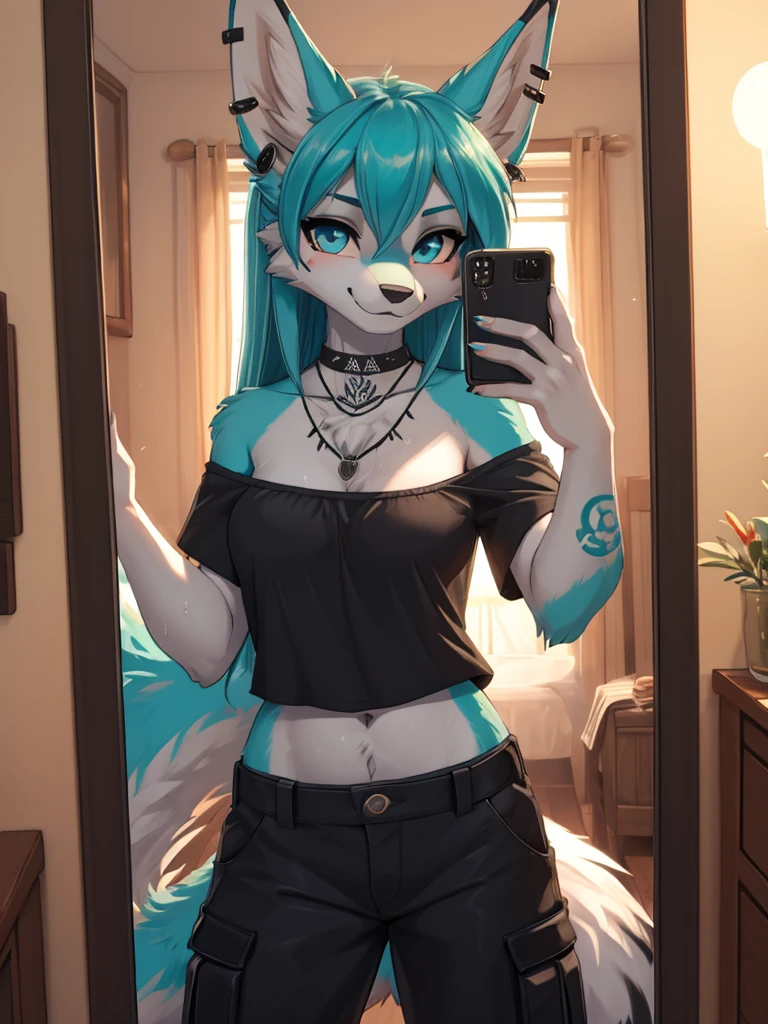 Miku Hatsune, add high definition_detail:1, blue fur,kitsune ears, tribal tattoo add_detail:1,pose in bed, scoating position during a full moon showing off her beautiful figure and her outfit (black blouse bare shoulders, he pulls down his pants with one hand, while biting the.Other ) sweaty body add_details:1, smiling add_detailsl:1, ear piercing add_detail:1