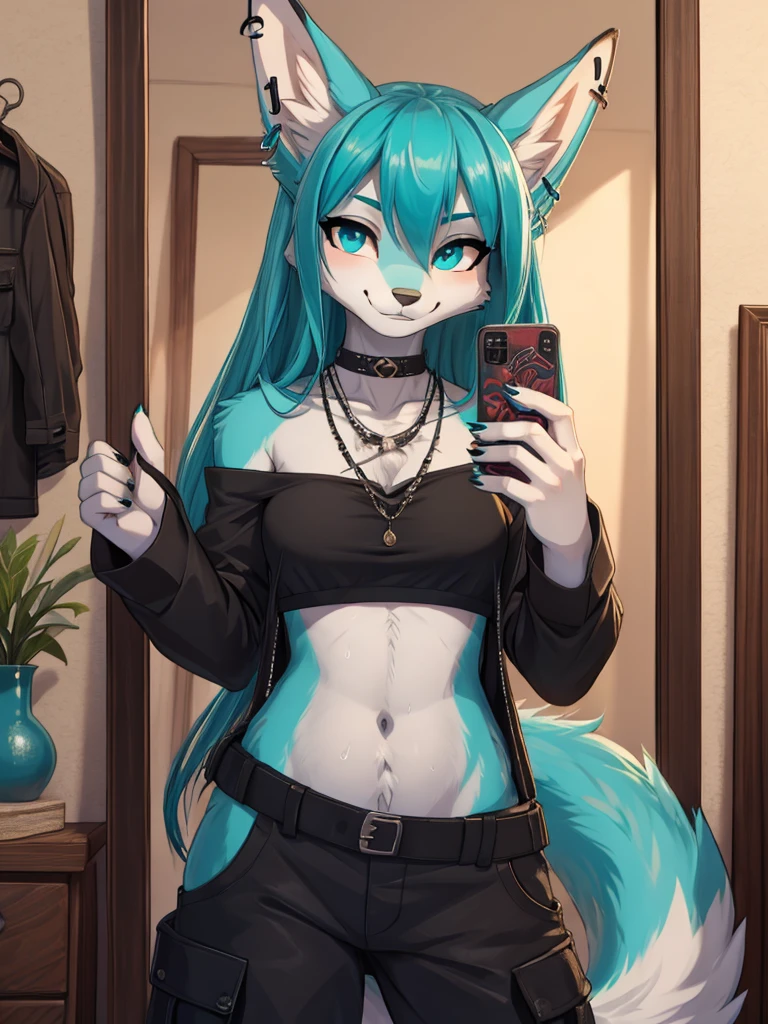Miku Hatsune, add high definition_detail:1, blue fur,kitsune ears, tribal tattoo add_detail:1,pose in bed, scoating position during a full moon showing off her beautiful figure and her outfit (black blouse bare shoulders, he pulls down his pants with one hand, while biting the.Other ) sweaty body add_details:1, smiling add_detailsl:1, ear piercing add_detail:1