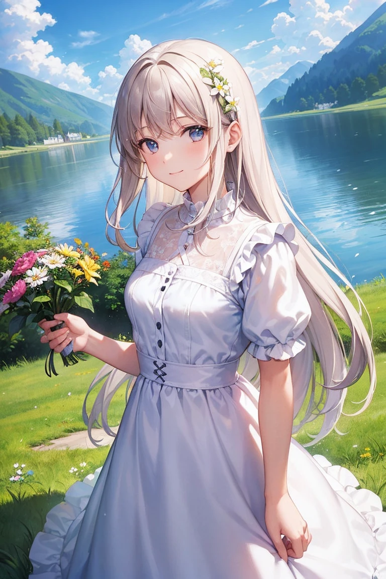 (masterpiece, Highest quality:1.2), One girl, alone, scenery, figure, View your viewers, Outdoor, Depth of field, Light on the face, Portraiture,
sunlight, null, smile, Are standing, Glowing Eyes, Lens flare, countryside, country, Long Hair, Floating Hair, flower, wood, lake, Hills, cloud, White Dress,