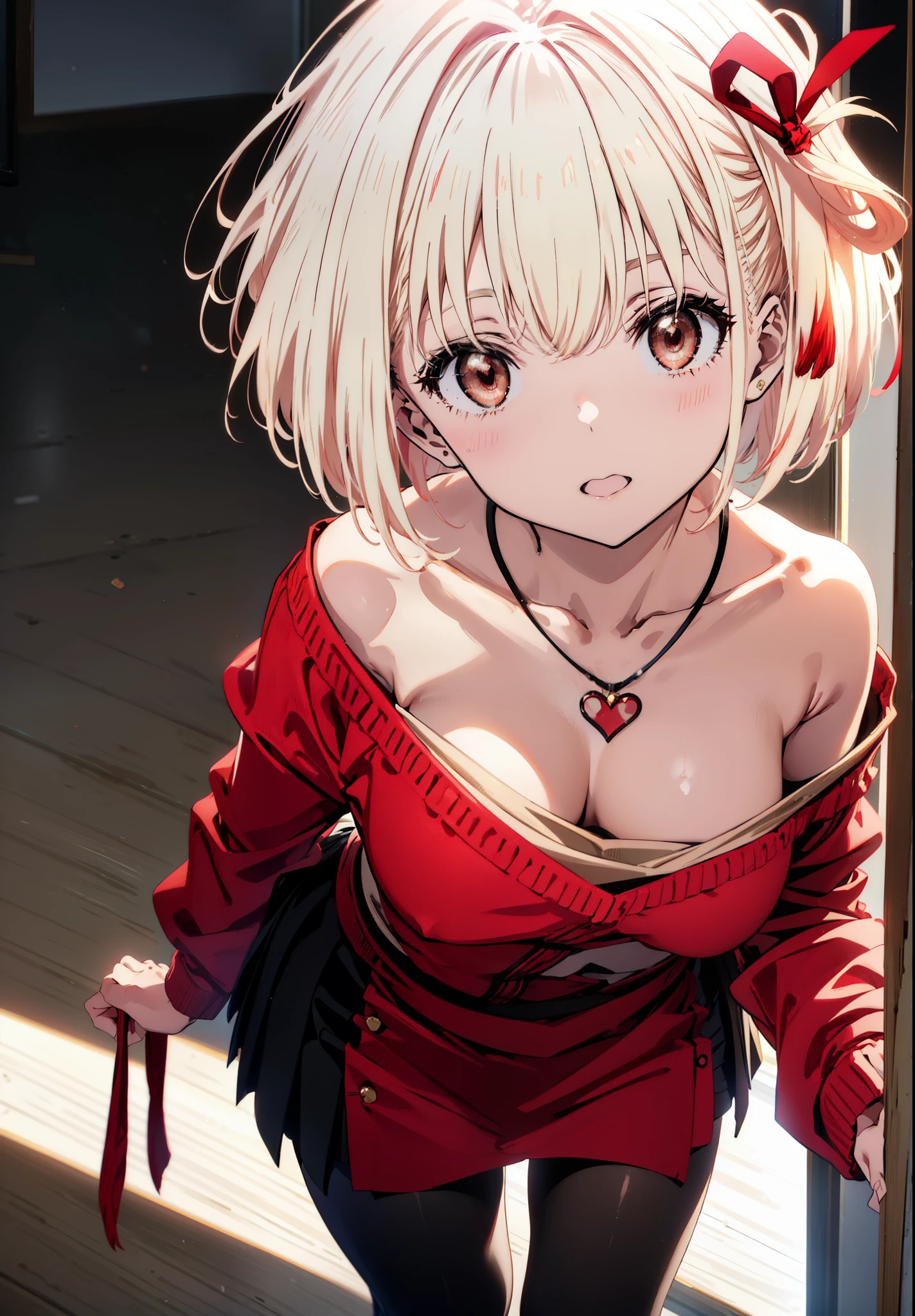 Chisato Nishikigi, short hair, bangs, Blonde, (Red eyes:1.5), hair ribbon, One side up, Bobcut,happy smile, smile, Open your mouth,Heart-shaped necklace,Bare neck,Bare shoulders,bare clavicle,Red one-shoulder sweater,mini skirt,Black pantyhose,short boots,Walking,whole bodyがイラストに入るように,Daytime,Clear skies,
break indoors,School,canteen,
break looking at viewer, whole body,
break (masterpiece:1.2), Highest quality, High resolution, unity 8k wallpaper, (figure:0.8), (Beautiful attention to detail:1.6), Highly detailed face, Perfect lighting, Highly detailed CG, (Perfect hands, Perfect Anatomy),