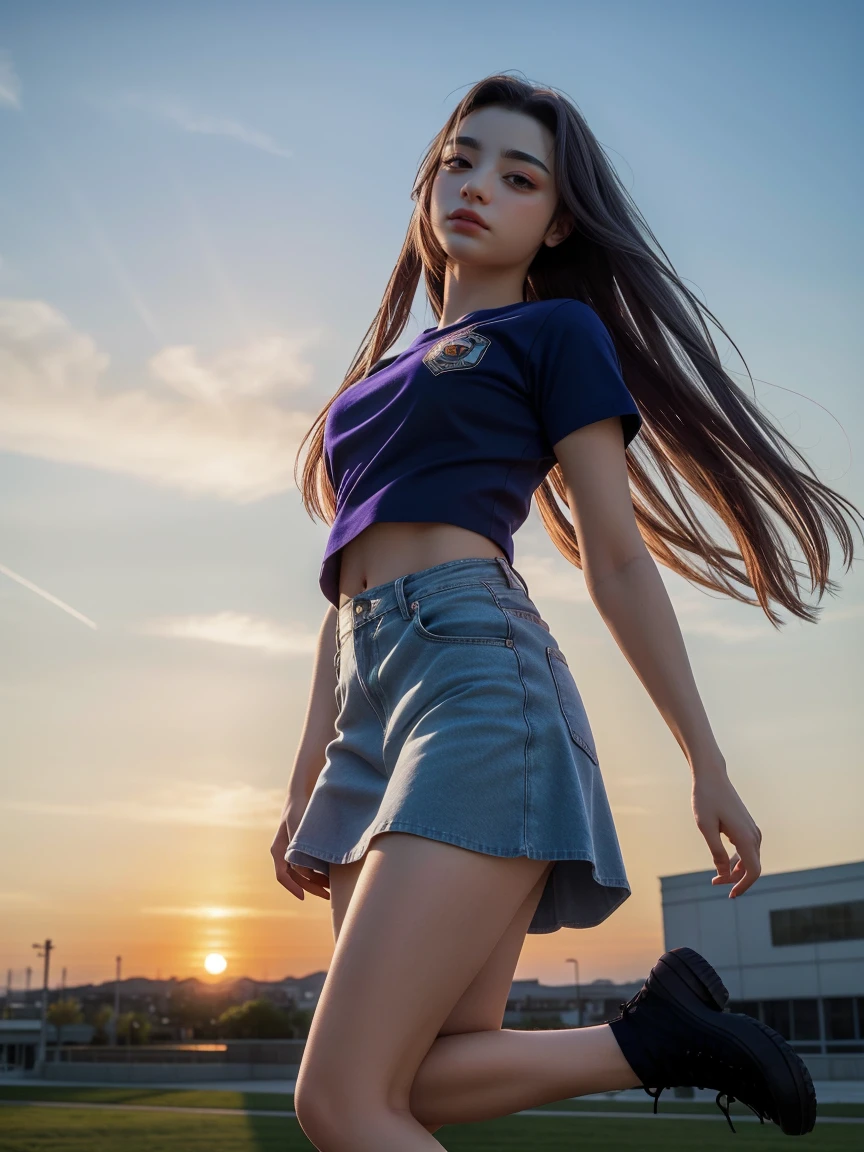 A smiling girl with open arms under the orange and indigo starry sky。There are a few tears in my eyes。