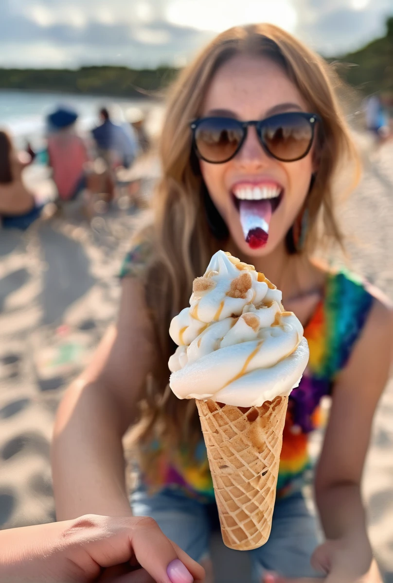 fashion model woman eating an icecream outside, at beach hi detail, sharp focus, perfect lighting, awesome, dslr, 4k high quality. extra detail, extra sharp, magical, perfect moment, natural skin, pores