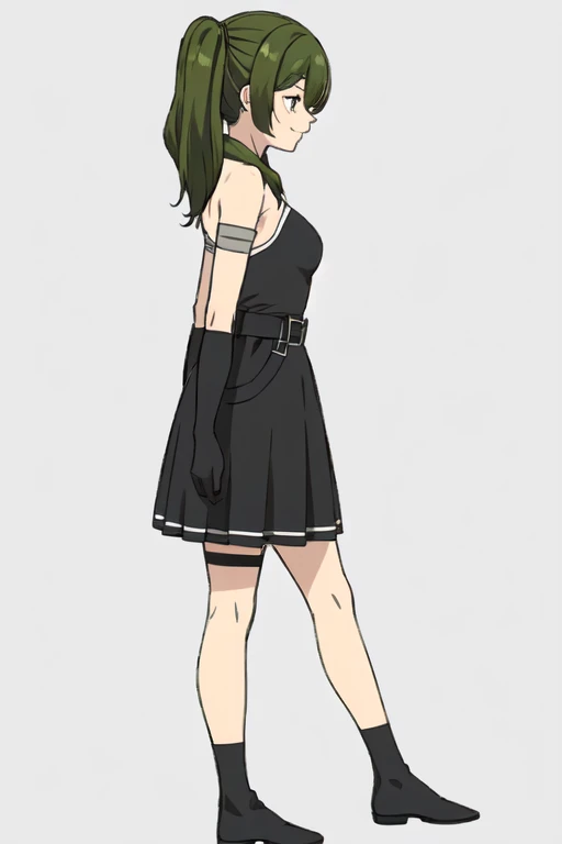 ((Best quality))),((Ultra-detailed)),((illustration)),((Disheveled hair)),((frilld)),(1 girl),(Solo),
1girl, arms behind back, bangs, bare shoulders, belt, black dress, black legwear, breasts, dress, elbow gloves, full body, gloves, green hair, grey background, long hair, medium breasts, simple background, sketch, smile, solo, standing, standing on one leg, purple eyes, from side,Right side ponytail,