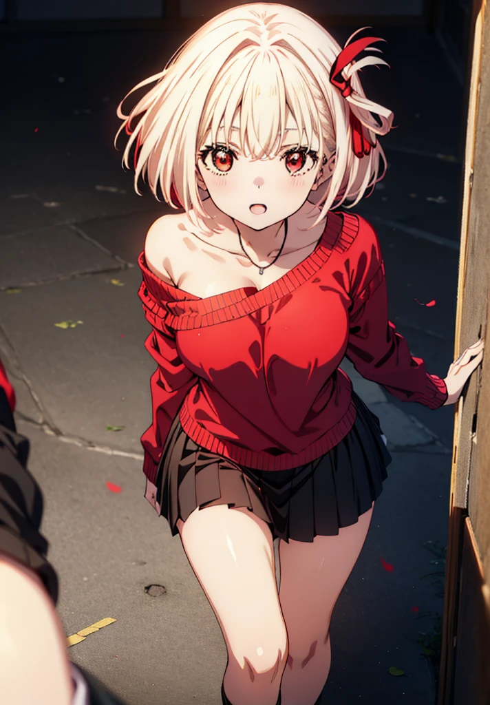 Chisato Nishikigi, short hair, bangs, Blonde, (Red eyes:1.5), hair ribbon, One side up, Bobcut,happy smile, smile, Open your mouth,Heart-shaped necklace,Bare neck,Bare shoulders,bare clavicle,Red one-shoulder sweater,mini skirt,Black pantyhose,short boots,Walking,whole bodyがイラストに入るように,Daytime,Clear skies,
break indoors,School,canteen,
break looking at viewer, whole body,
break (masterpiece:1.2), Highest quality, High resolution, unity 8k wallpaper, (figure:0.8), (Beautiful attention to detail:1.6), Highly detailed face, Perfect lighting, Highly detailed CG, (Perfect hands, Perfect Anatomy),