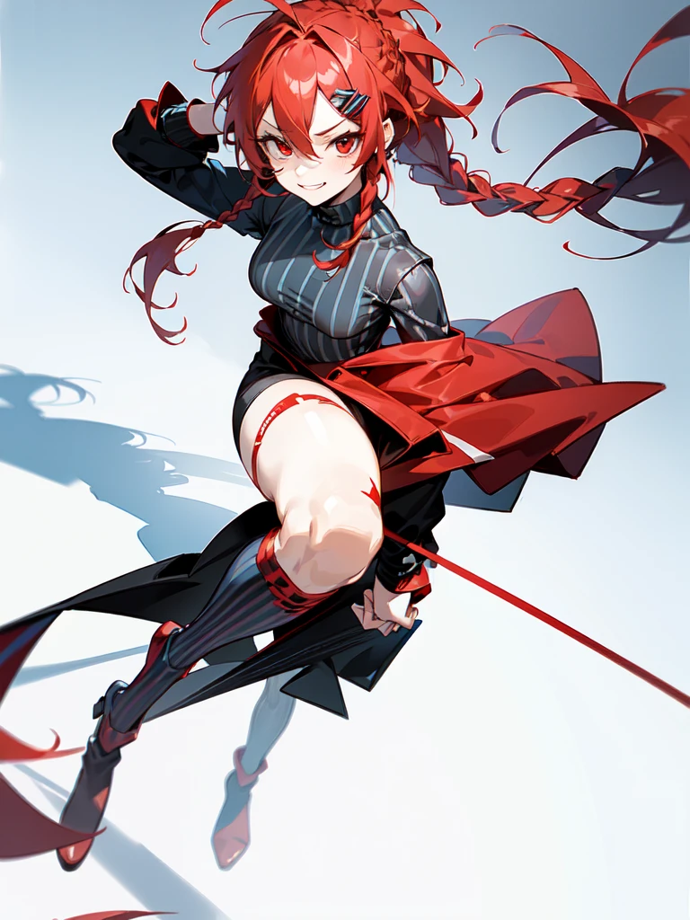 (masterpiece, sidelighting, finely detailed red eyes: 1.2), ((best quality)), ((masterpiece)), (highly detailed:1.3), anime, young girl, , , childish body, black shirt, turtleneck, open shoulders, (coat with oversized long sleeves), bodytight shorts, black shorts, pale skin, (shadowed eyes, darkened eyes), (smirk, mischevious grin), (extremely long hair, highlighted red hair, messy hair, braided ponytail, hair between eyes, hairclips on left side), ((blue stripped tights)), earrings, red tatto on left arm, solo, 1girl, red boots,
