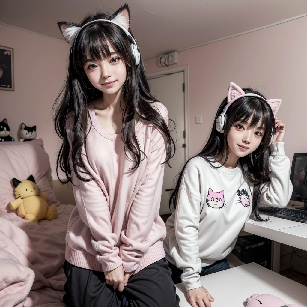 ((best qualityer)), ((work of art)), (detailded), ((1 girl)), 18-years old,ombro to ombro sweater, ((white skin)), black eyes, ((wavy black hair with bangs)), casual style clothes, anime print blouse, wearing cat ear headphones,background a pink gamer room, ((no people in the background)), looking straight ahead,realisitic,Smiling for the camera,waving,in the background on the right side your bed with stuffed animals on top,Kuromi and Hello Kitty plush,on the left side a gaming computer,((pink and white room)),perfect body