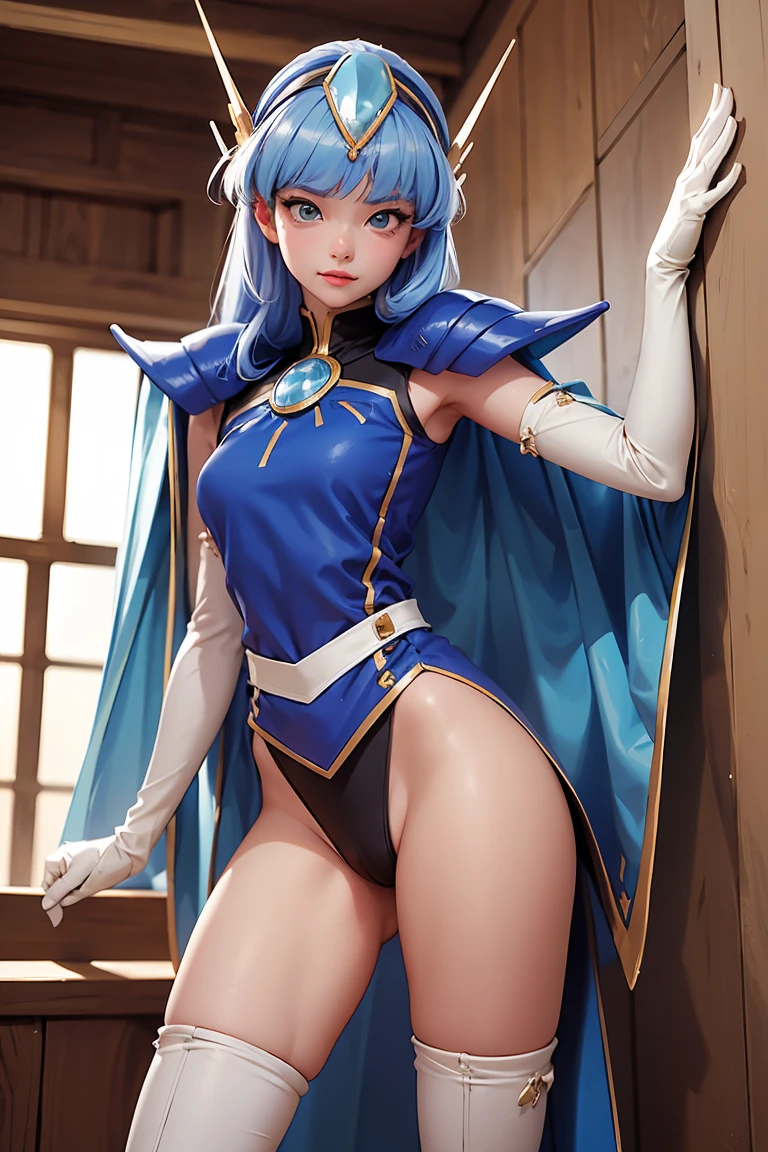 fancy,1girl Umi Ryuuzaki Headgear with Hair Band, blue armor shoulder armor blue cape elbow gloves leotard white socks,camel toe,work of art,noise reduction,Perfect Anatomia,high resolution, ultra detali,CG game,dutch angle ,beautiful detailed eyes,visual artwork,five toes, perfect hands, perfect lighting, nsfw, (.POSE SEXY E SENSUAL) leaning against the wall.