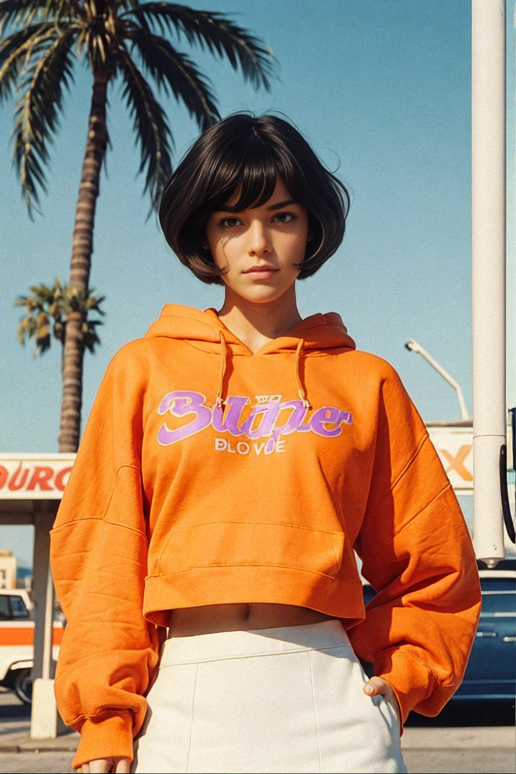 ((medium shot photography)) ((best quality)), ((masterpiece)), (ultra detailed face), perfect beautiful face,perfect nose,perfect eyes, perfect lips kodak gold 20 ,25 yo cute girl, ,((color orange oversized_hoodie no sleeve)),((busty perfect body)) perfect face, 35mm film,((black bob hairstyles)), ((purple tennis skirt)), 4k, 8k, ultra highres, raw photo in hdr, sharp focus, intricate texture,realistic, detailed facial features, highly detailed face, posingpolaroid film, found footage, retro,90's,80's, photo noise, old photo, retro, masterpiece, raw photo, 8k film photo, old, noisy photo, loooking of the camera, casual photo, grain photo, VHS footage, VHS look, chromatic aberration( low chromatic aberration), film footage, grainy photo, dirty photo, posing, retro photo, vintage photo, old, background standing pose on ((80's gas station)) ,palm trees, blue sky, summer, los angles vibes