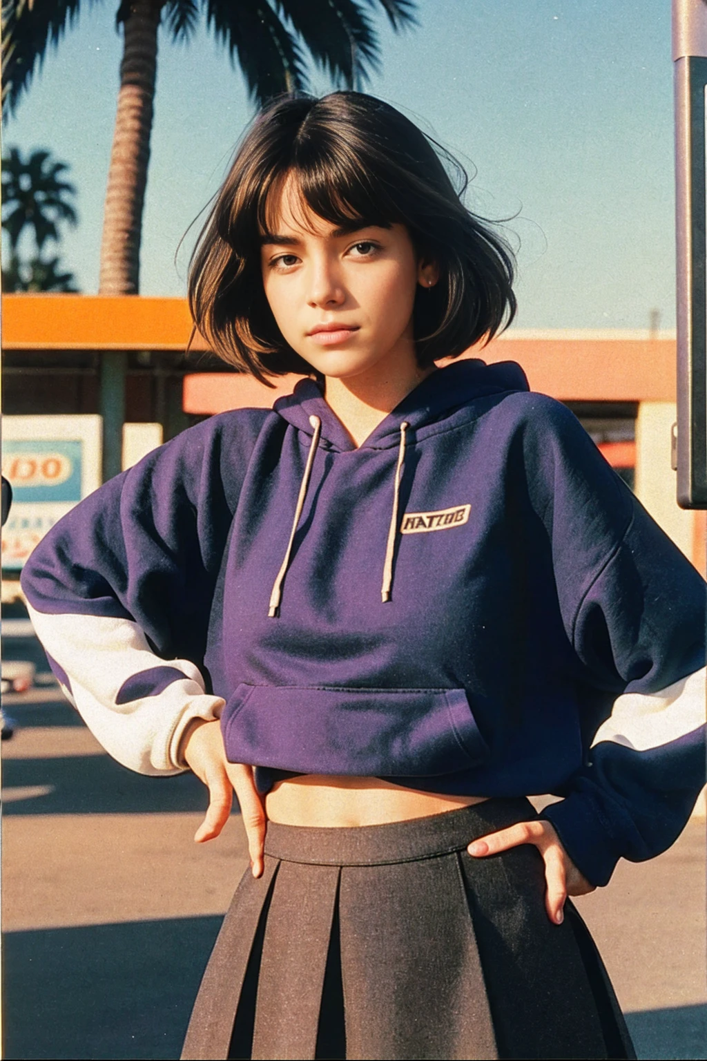 ((medium shot photography)) ((best quality)), ((masterpiece)), (ultra detailed face), perfect beautiful face,perfect nose,perfect eyes, perfect lips kodak gold 20 ,25 yo cute girl, ,((color orange oversized_hoodie no sleeve)),((busty perfect body)) perfect face, 35mm film,((black bob hairstyles)), ((purple tennis skirt)), 4k, 8k, ultra highres, raw photo in hdr, sharp focus, intricate texture,realistic, detailed facial features, highly detailed face, posingpolaroid film, found footage, retro,90's,80's, photo noise, old photo, retro, masterpiece, raw photo, 8k film photo, old, noisy photo, loooking of the camera, casual photo, grain photo, VHS footage, VHS look, chromatic aberration( low chromatic aberration), film footage, grainy photo, dirty photo, posing, retro photo, vintage photo, old, background standing pose on ((80's gas station)) ,palm trees, blue sky, summer, los angles vibes