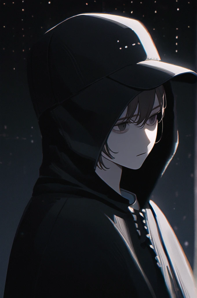 ((Лучшее качество)), ((шедевр)), (подробный), 1 guy, brown eyes, dark eyes, blank stare, black bags under the eyes, lips, short brown hair, white skin, baseball cap, baseball cap on his head, black baseball cap, hooded robe, hood on his head, white t-shirt, black cargo pants, white sneakers, solo, portrait, portrait from afar, the background is a gloomy dark abyss