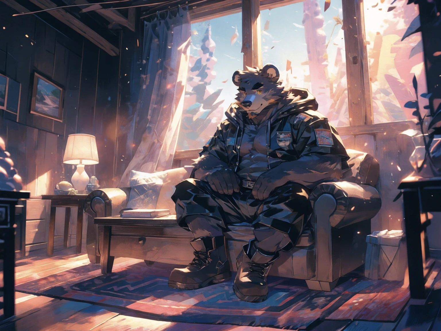 (masterpiece:1.2), best quality,pixiv,official art,perfect ???????, (Ray tracing, light),solo, (1_male:1.3) , (muscle), (grey fur:1.4), (muscle bear), (beard:1.2), (gleaming golden eyes), bear tail, full body, Thick black eyebrows,(open hooded parka), (naked inside), (cargo shorts:1.2), boots, indoor, cabin , carpet , sitting on sofa , (lake land:1.3)