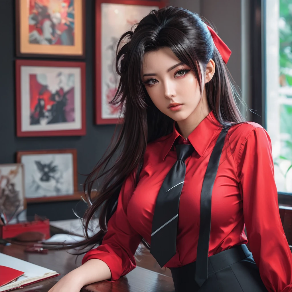 anime girl in red shirt and black tie posing for a picture, by Yang J, extremely detailed artgerm, rin tohsaka, artgerm jsc, artwork in the style of guweiz, beautiful digital artwork, artgerm. high detail, range murata and artgerm, style artgerm, ig model | artgerm